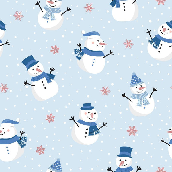 Tossed Snowman & Snowflakes Fabric - Blue - ineedfabric.com