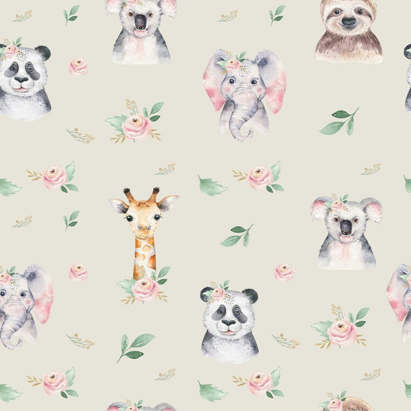 Tropical Cartoon Animals Allover Fabric - Cream - ineedfabric.com