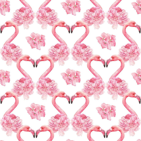 Tropical Love Flamingos and Flowers Fabric - White - ineedfabric.com