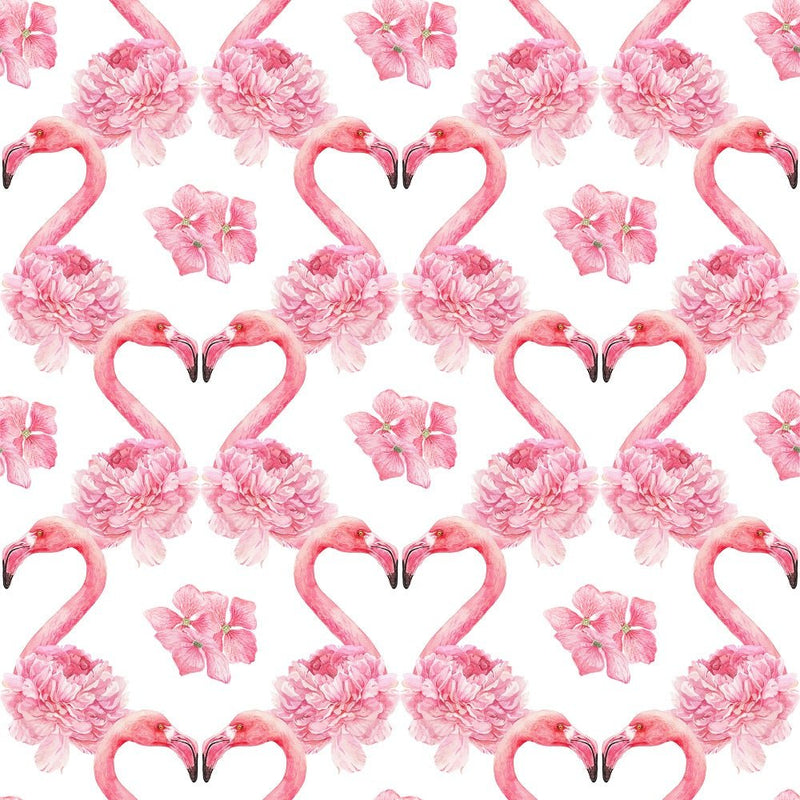 Tropical Love Flamingos and Flowers Fabric - White - ineedfabric.com