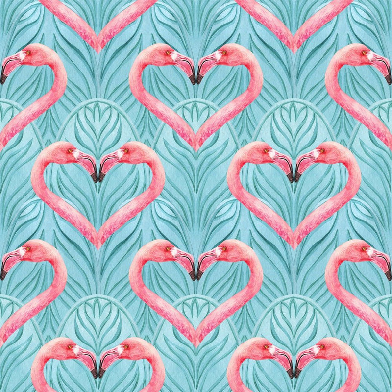 Tropical Love Flamingos and Leaves Fabric - Blue - ineedfabric.com