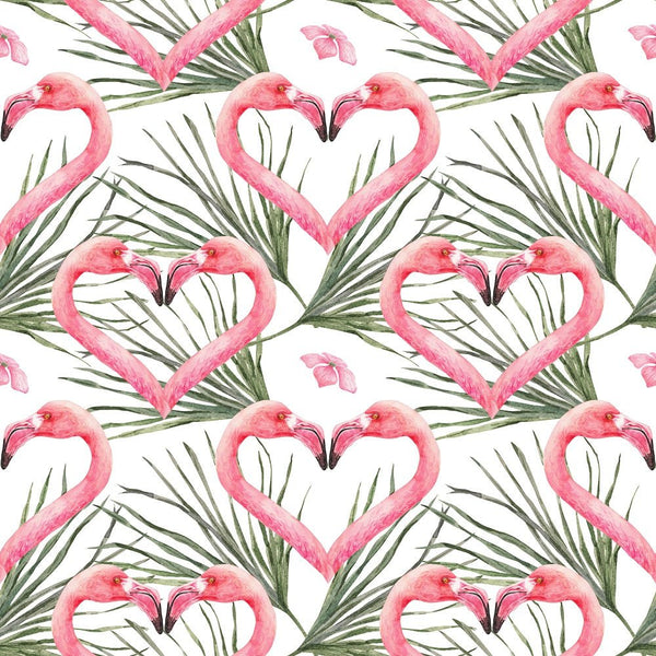 Tropical Love Flamingos and Leaves Fabric - White - ineedfabric.com