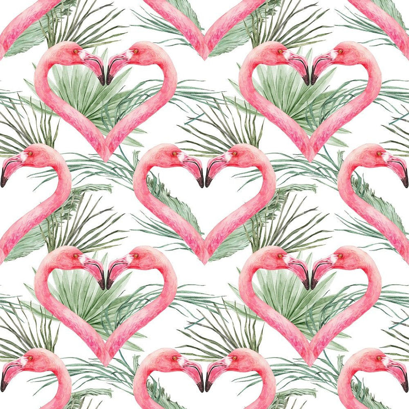Tropical Love Flamingos and Plants Fabric - White - ineedfabric.com