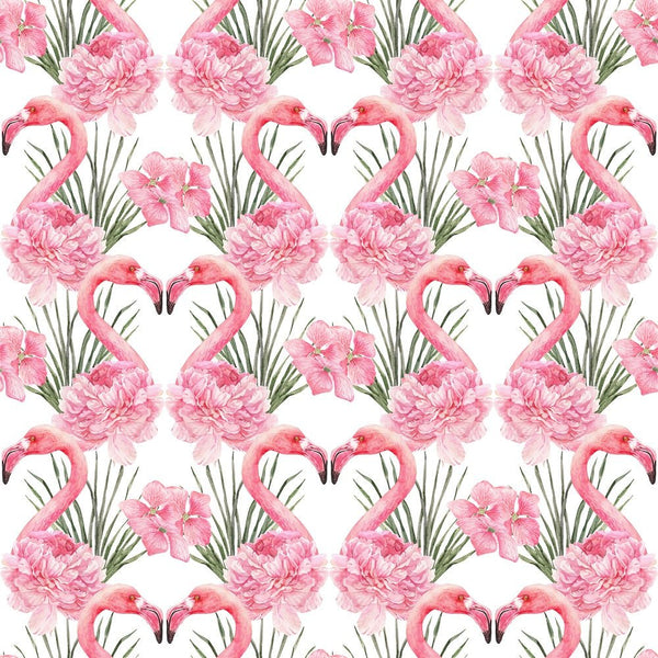 Tropical Love Flamingos, Leaves, and Flowers Fabric - White - ineedfabric.com