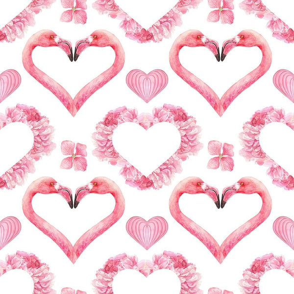 Tropical Love Heart Flamingos Floral Fabric - White - ineedfabric.com
