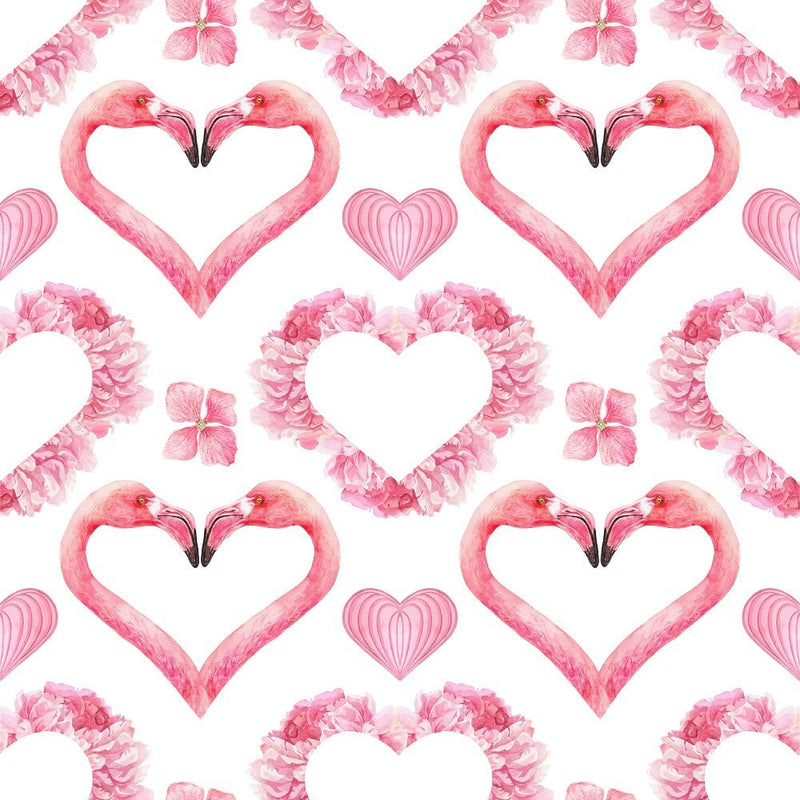 Tropical Love Heart Flamingos Floral Fabric - White - ineedfabric.com