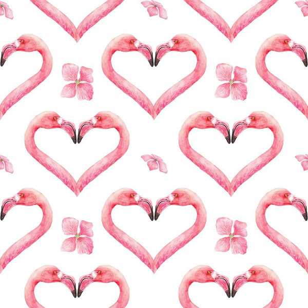 Tropical Love Heart Flamingos Flower Petal Fabric - White - ineedfabric.com