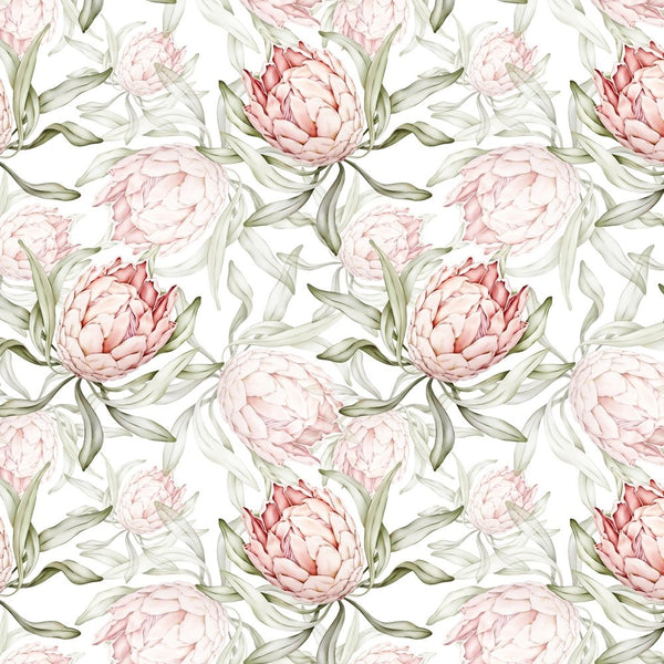 Tropical Protea Flower Fabric - Pink/White - ineedfabric.com