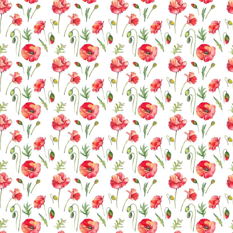 Tropical Red Poppy Flowers and Buds Fabric - ineedfabric.com
