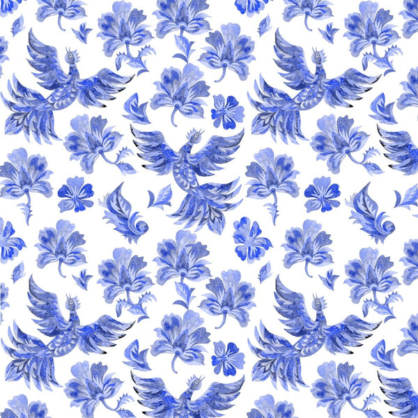 Ukrainian Fantasy Birds & Flowers Fabric - Blue/White - ineedfabric.com