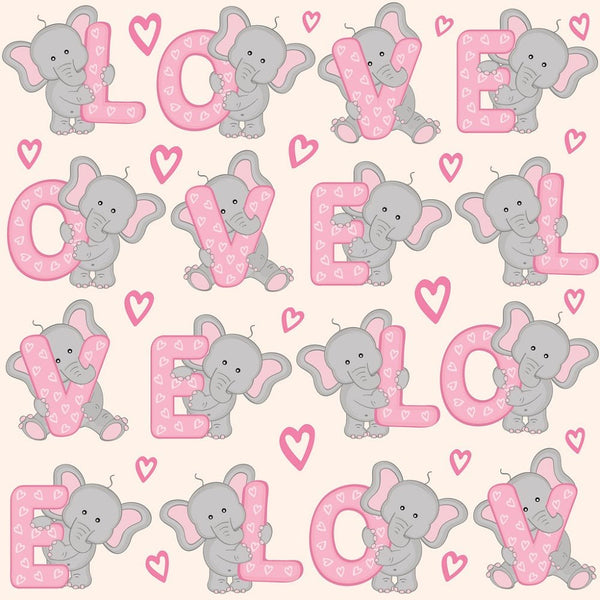Valentine Elephants Alphabets Fabric - Tan - ineedfabric.com