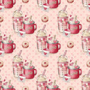 Valentines Coffee on Pink Hearts Fabric - Tan - ineedfabric.com