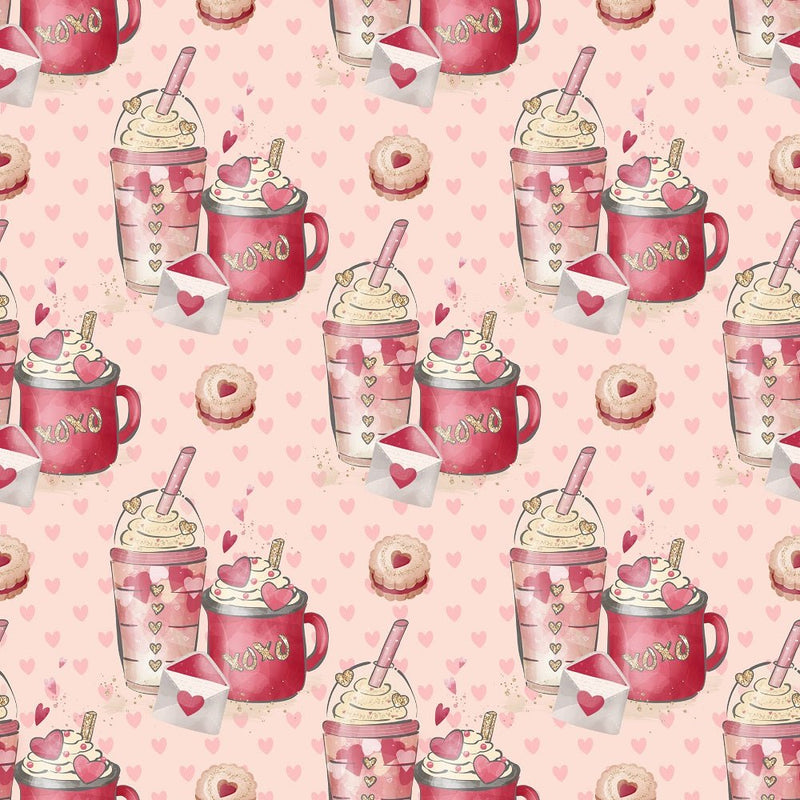 Valentines Coffee on Pink Hearts Fabric - Tan - ineedfabric.com