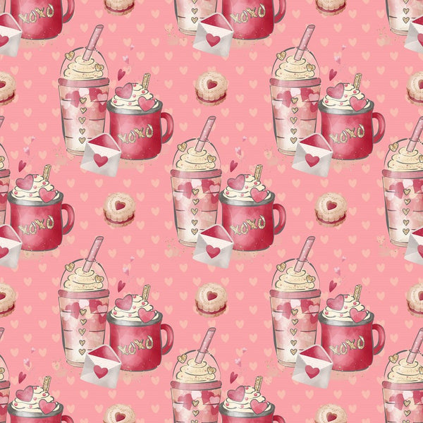 Valentines Coffee on Tan Hearts Fabric - Pink - ineedfabric.com