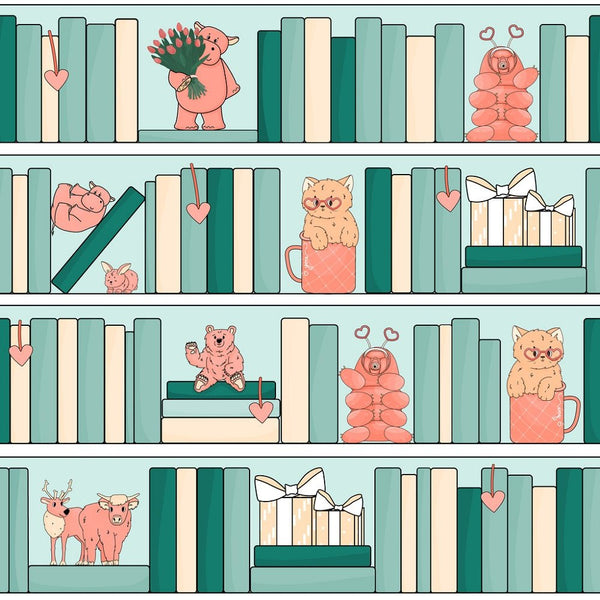 Valentines Day Bookcase with Stuffed Animals Fabric - ineedfabric.com