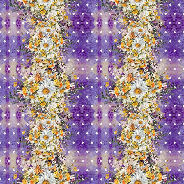 Vertical Chamomile Border Flowers on Grunge Dots Fabric - Purple - ineedfabric.com