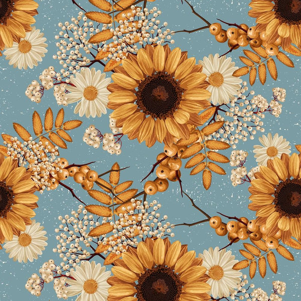 Vintage Autumn Sunflower Fabric - Blue - ineedfabric.com