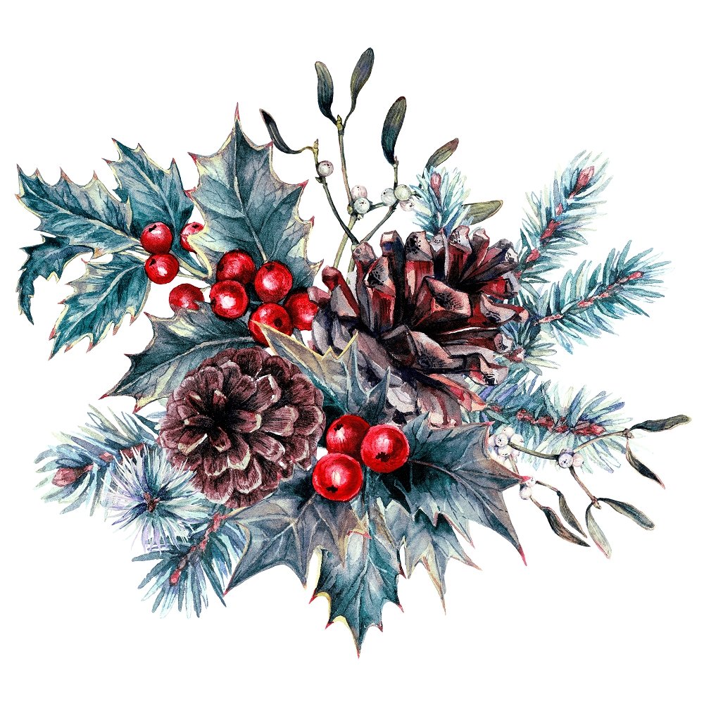 Vintage Christmas Holly Berry Cones Fabric Panel