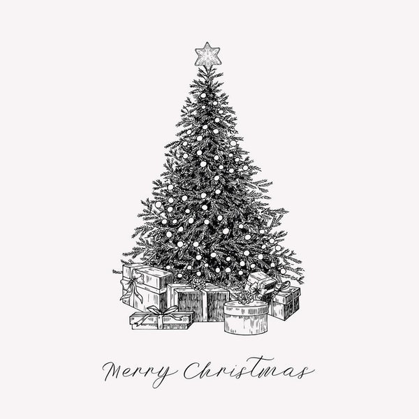 Vintage Christmas Tree & Gifts Fabric Panel - White - ineedfabric.com