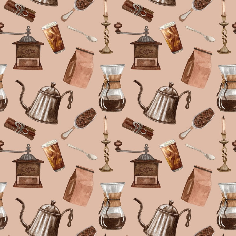 Vintage Coffee Elements Fabric - Cream - ineedfabric.com