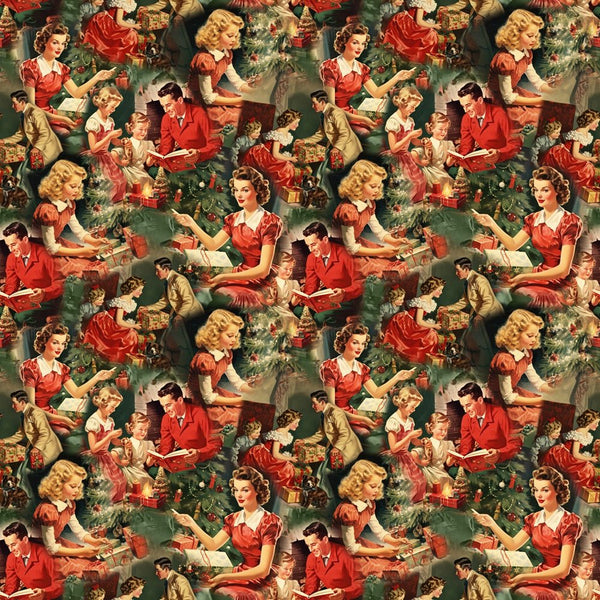 Vintage Families Christmas Morning Fabric - ineedfabric.com