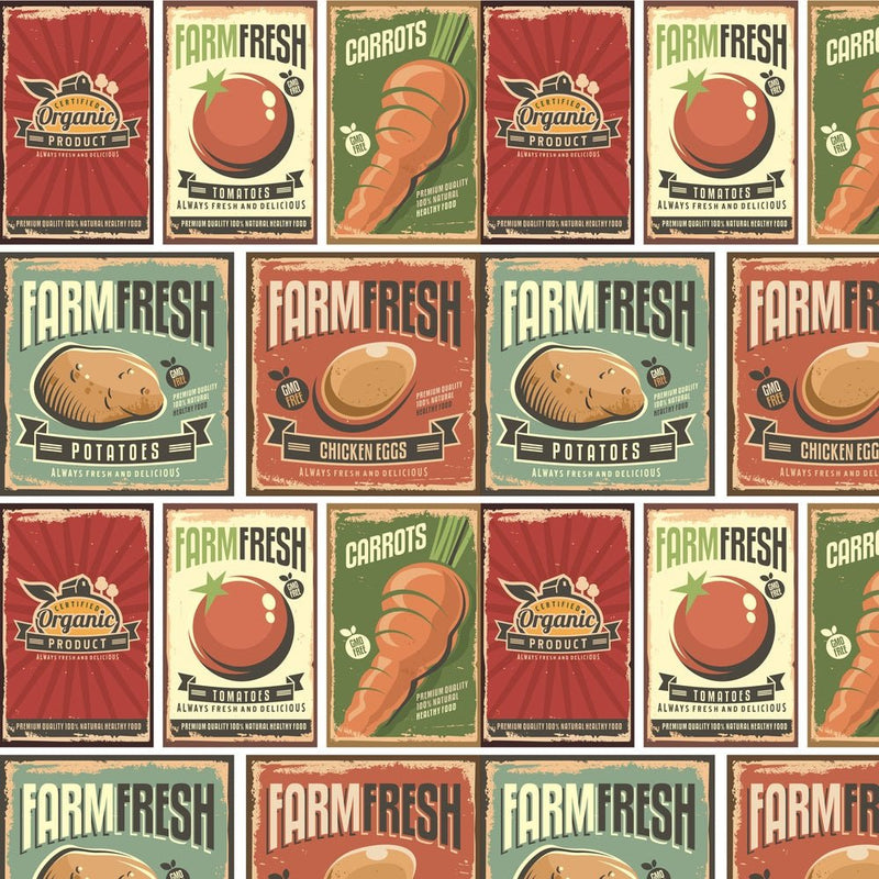 Vintage Farm Fresh Produce Poster Fabric - Multi - ineedfabric.com
