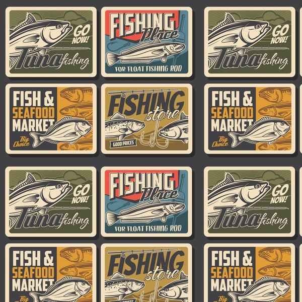Vintage Fishing Poster Fabric - Multi - ineedfabric.com