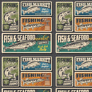 Vintage Fishing Store Poster Fabric - Multi - ineedfabric.com