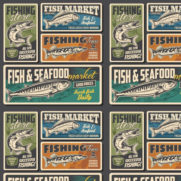 Vintage Fishing Store Poster Fabric - Multi - ineedfabric.com