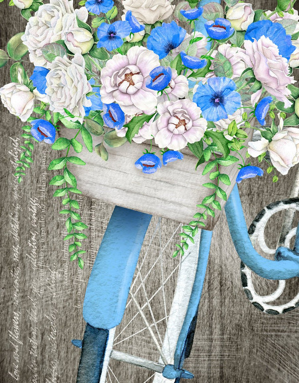 Vintage Floral Blue Bicycle Fabric Panel - ineedfabric.com