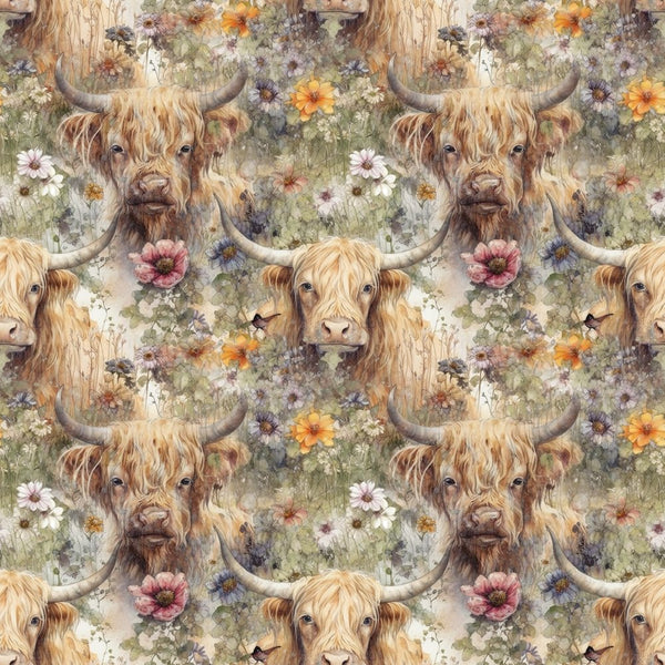 Vintage Floral Highland Cows Fabric - ineedfabric.com