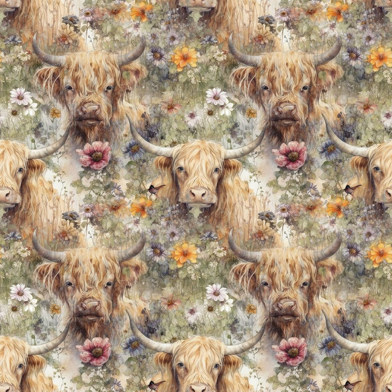 Vintage Floral Highland Cows Fabric - ineedfabric.com