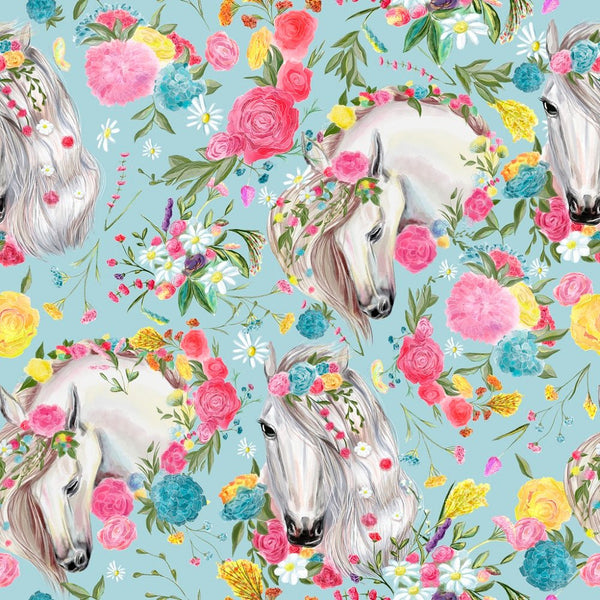 Vintage Floral Horses Pattern 1 Fabric - Blue - ineedfabric.com
