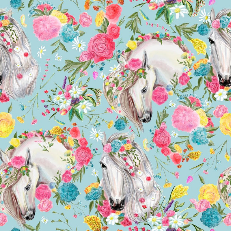 Vintage Floral Horses Pattern 1 Fabric - Blue - ineedfabric.com