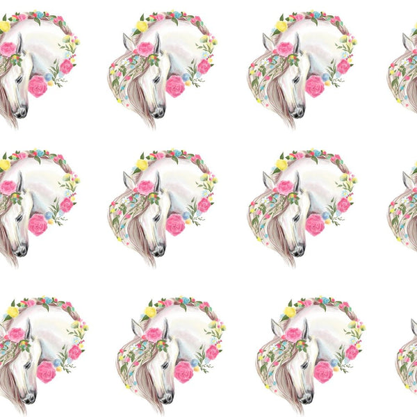 Vintage Floral Horses Pattern 6 Fabric - White - ineedfabric.com