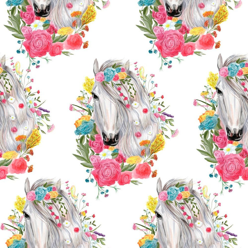 Vintage Floral Horses Pattern 8 Fabric - White - ineedfabric.com