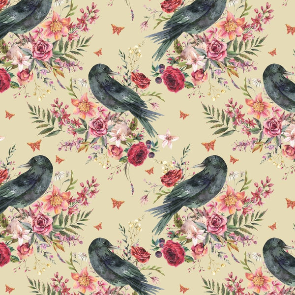 Vintage Florals & Ravens Fabric - Tan - ineedfabric.com