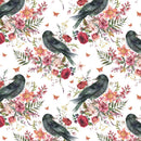 Vintage Florals & Ravens Fabric - White - ineedfabric.com