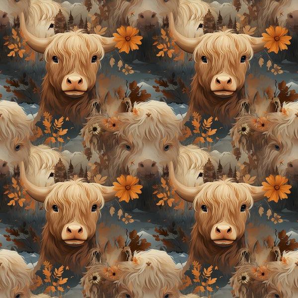 Vintage Highland Cows & Flowers 1 Fabric - ineedfabric.com