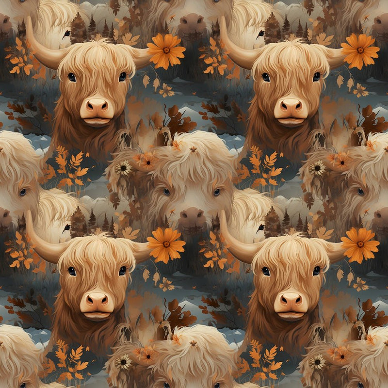 Vintage Highland Cows & Flowers 1 Fabric