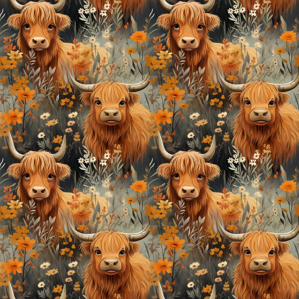Floral Highland Cows Fabric - Maroon Floral Highland Cow - Baby