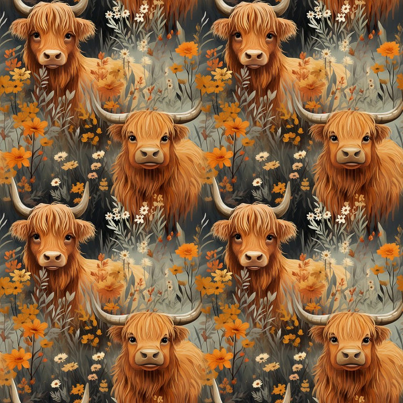 Vintage Highland Cows & Flowers 5 Fabric