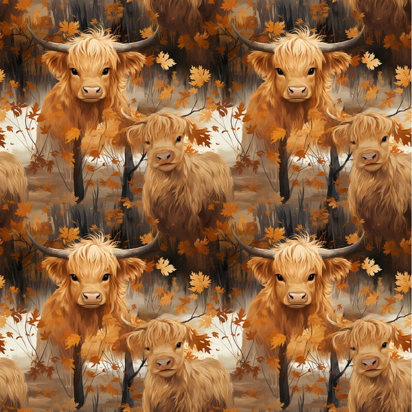 Vintage Highland Cows & Leaves Fabric - ineedfabric.com