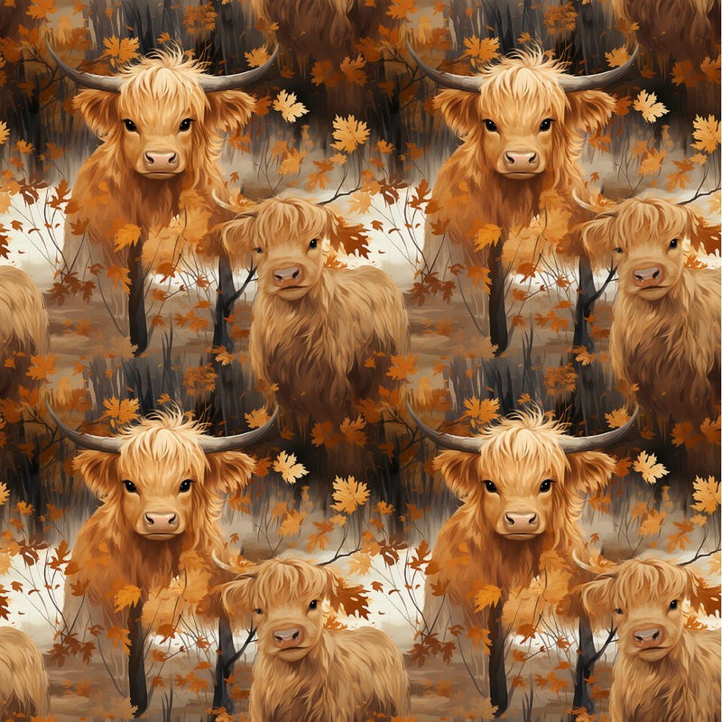 Vintage Highland Cows & Leaves Fabric - ineedfabric.com