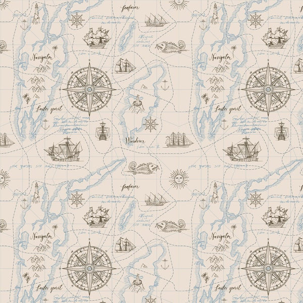 Vintage Navigator Map Fabric - Tan - ineedfabric.com
