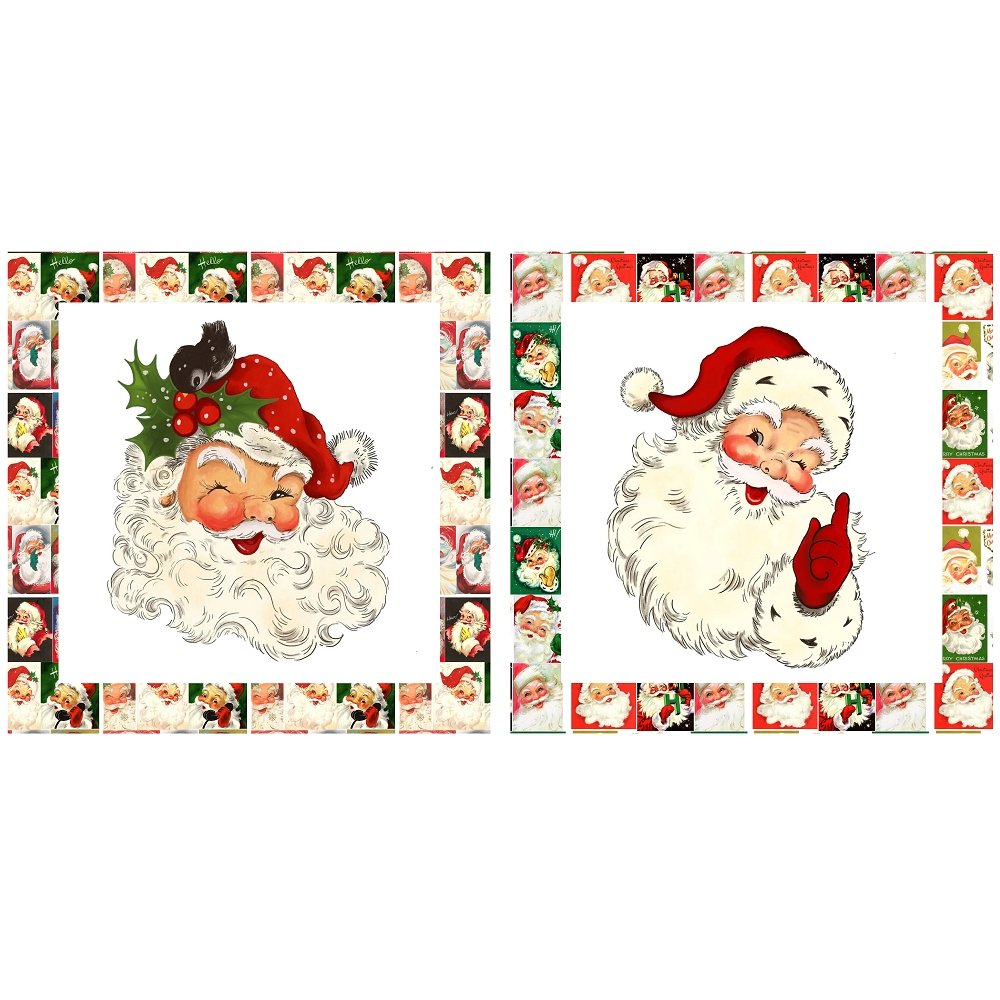 Vintage Christmas Santa Scenes Fabric Panels Quilt Pillow Squares Train, Car