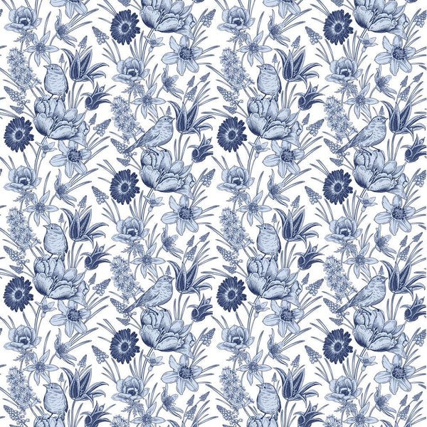 Vintage Spring Flowers and Birds Fabric - Blue/White - ineedfabric.com