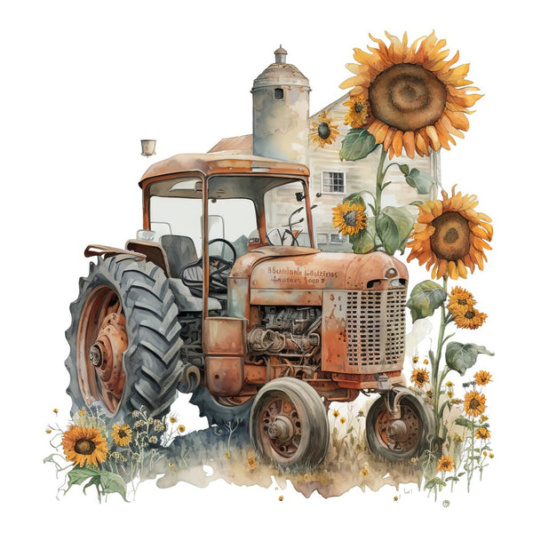 Vintage Tractor & Sunflowers 3 Fabric Panel - ineedfabric.com