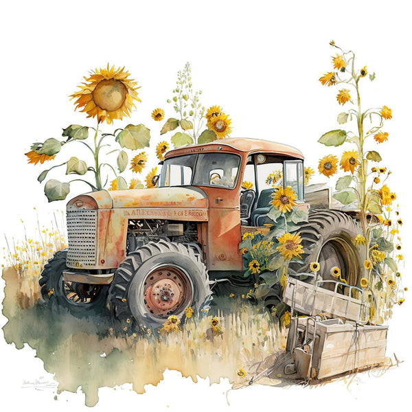 Vintage Tractor & Sunflowers 5 Fabric Panel - ineedfabric.com
