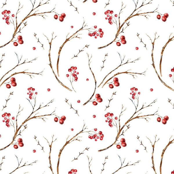 Vintage Tree Branches & Berries Fabric - White - ineedfabric.com